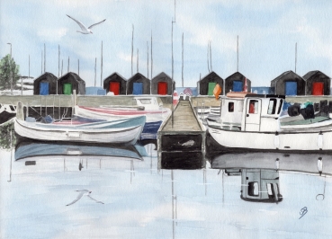 Poster DIN-A4 Aquarell Maritim Kunst Druck Kunstdruck  Dänemark Danmark  Aaro - Aro - Arø - Aarø 2 - Boote im Hafen